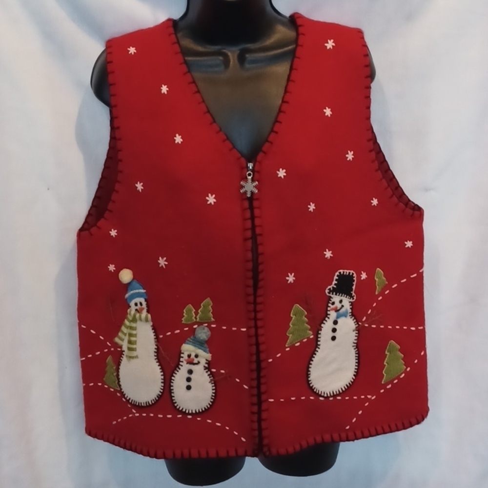 VINTAGE Sz XLarge 100% Wool Christmas Embroidered Zip Up Vest Coldwater Creek